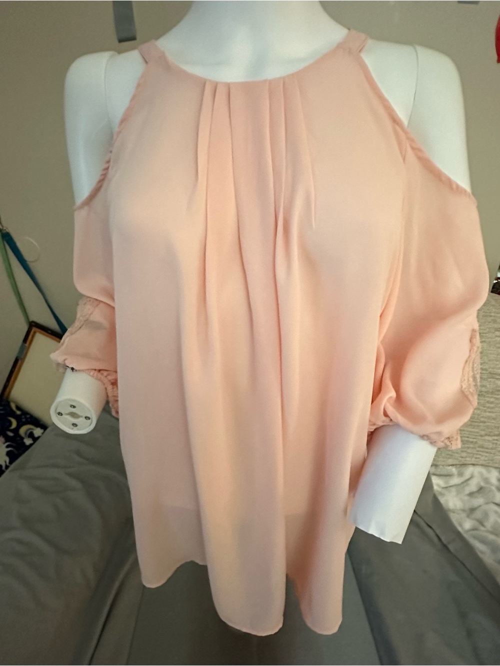 Women's Cold-Shoulder Pleated Blouse Pink S party dressy romantic W2K